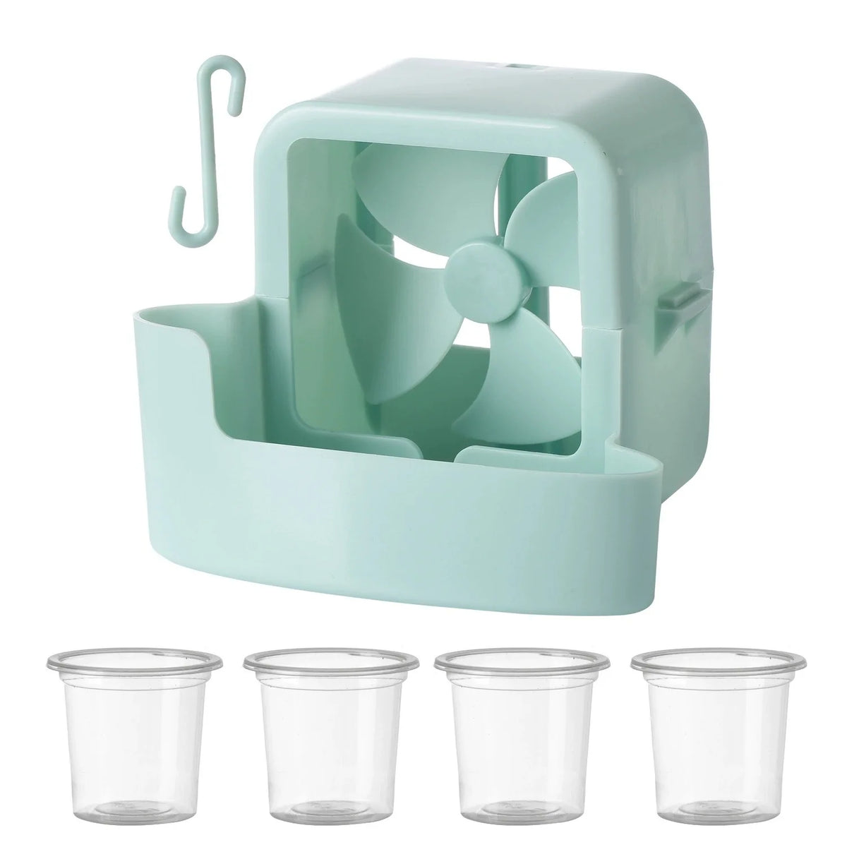 A light mint green portable ice-cooling floor fan with a handle and four blades, shown next to four clear plastic cups.
