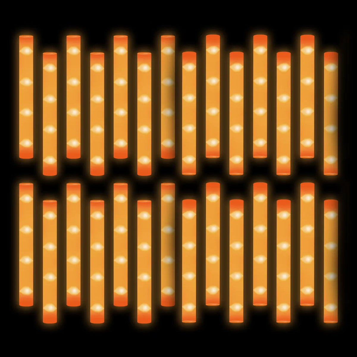 A display of numerous glowing orange LED foam glow sticks arranged in vertical rows.