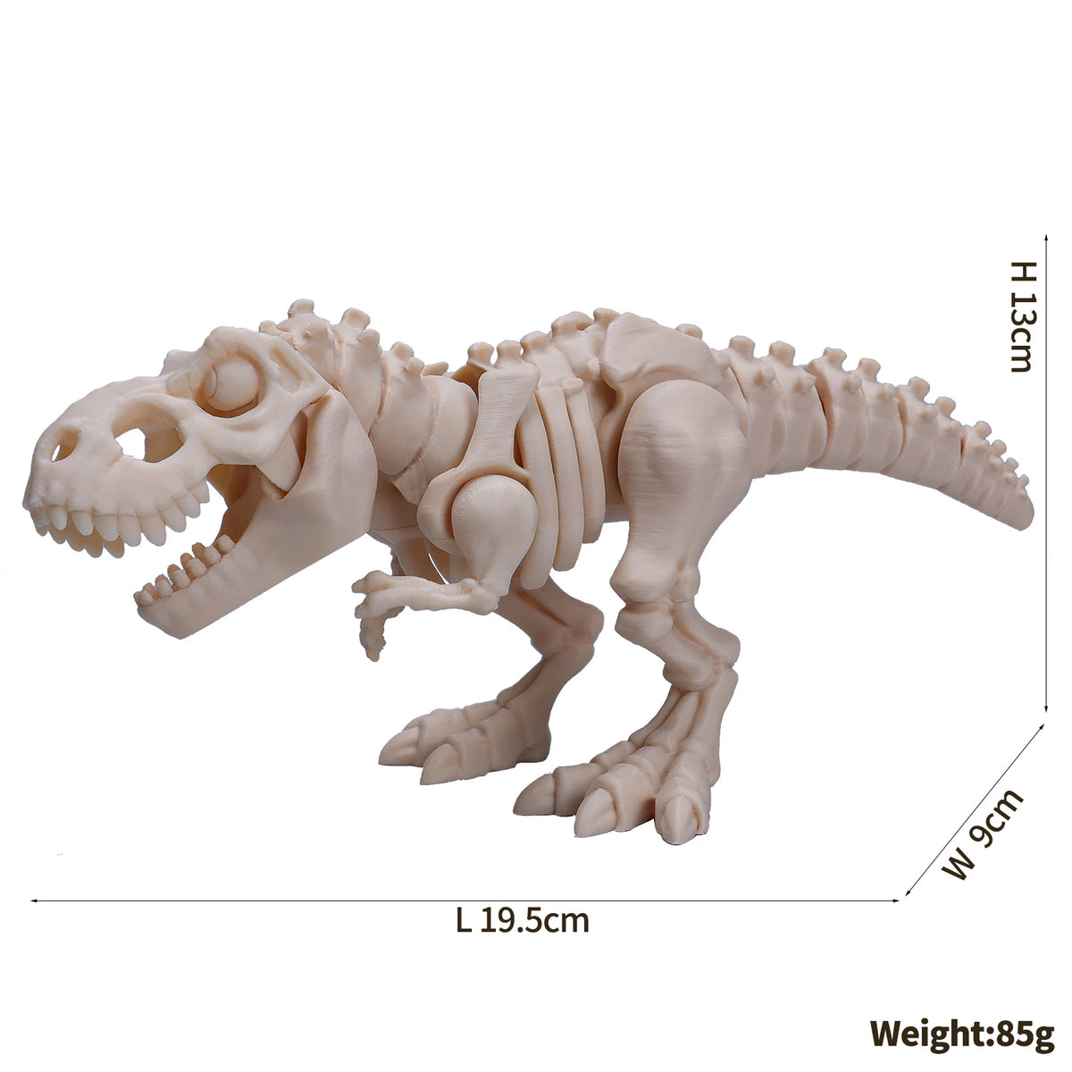 A light beige 3D printed dinosaur skeleton figurine featuring a T-Rex and Mosasaurus collectible.