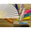A close-up of personalized silk wedding hand fans with bamboo frames and various colored silk fans packaged in clear bags.