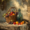 A still life painting featuring a wooden basket filled with fruit on a rustic table against a textured background.