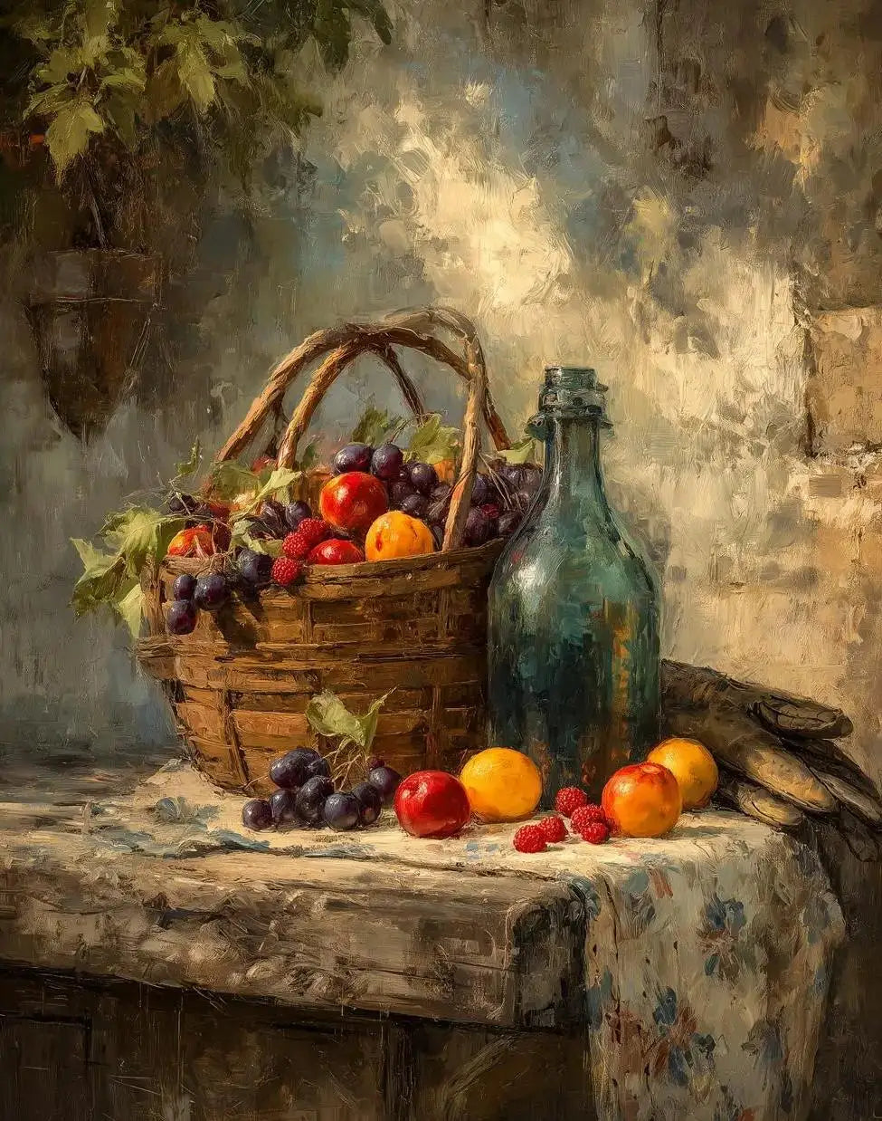 A still life painting featuring a wooden basket filled with fruit on a rustic table against a textured background.