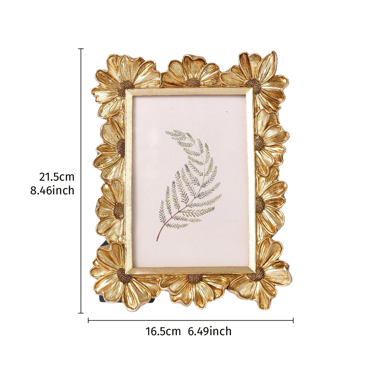 A golden 3D daisy resin photo frame with a white background and a delicate fern design.