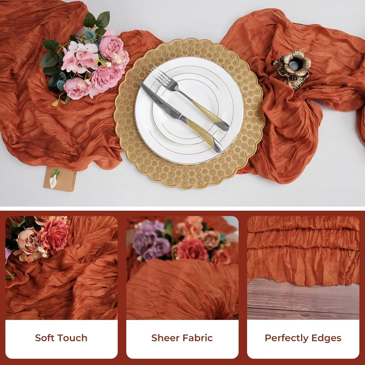 A set of terracotta semi-sheer cheesecloth table runners featuring rose floral accents and perfectly finished edges.