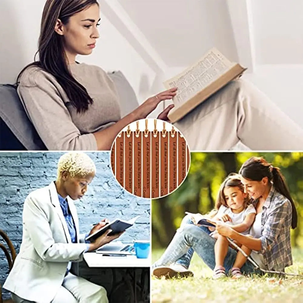 A woman reads a Bible with leather bookmarks, and another woman reads a book outdoors.