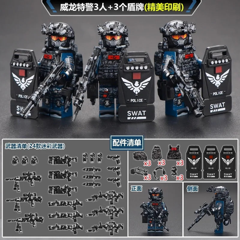 A set of three fully armored SWAT miniatures featuring detailed paint applications and accessories.