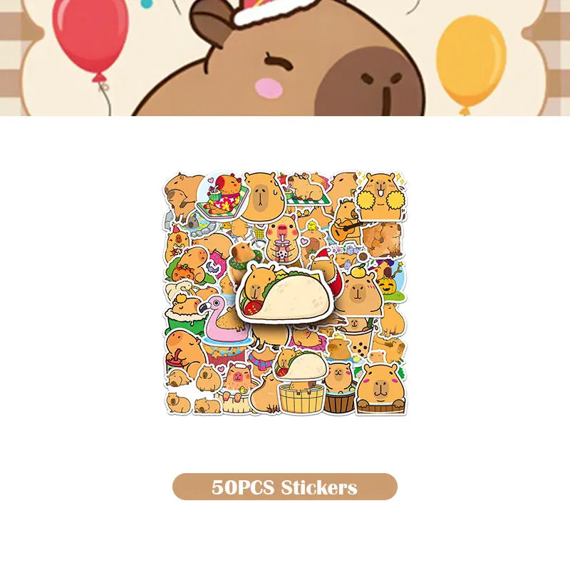 A collection of 50 stickers featuring cute capybara characters and party themes.