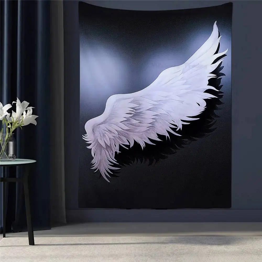 A tapestry wall hanging depicting a large white angel wing against a dark background.