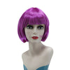 A mannequin head displays a vibrant purple short bob wig with pink highlights and red lipstick.