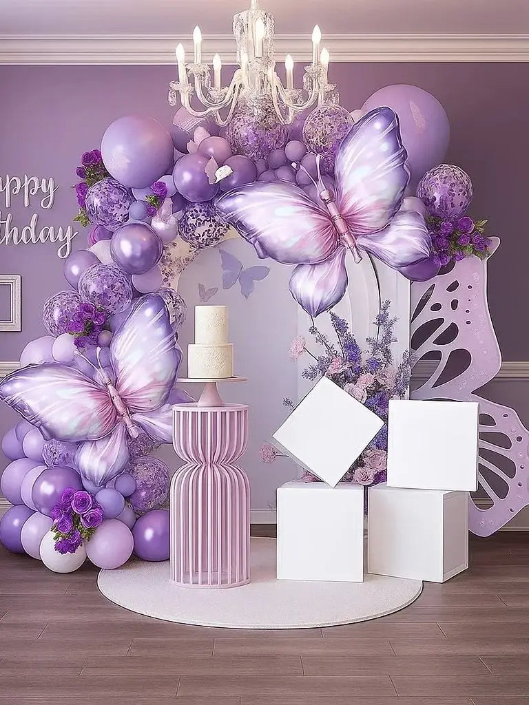 A purple butterfly balloon arch kit featuring balloons, flowers, and a tiered cake decoration for a party.