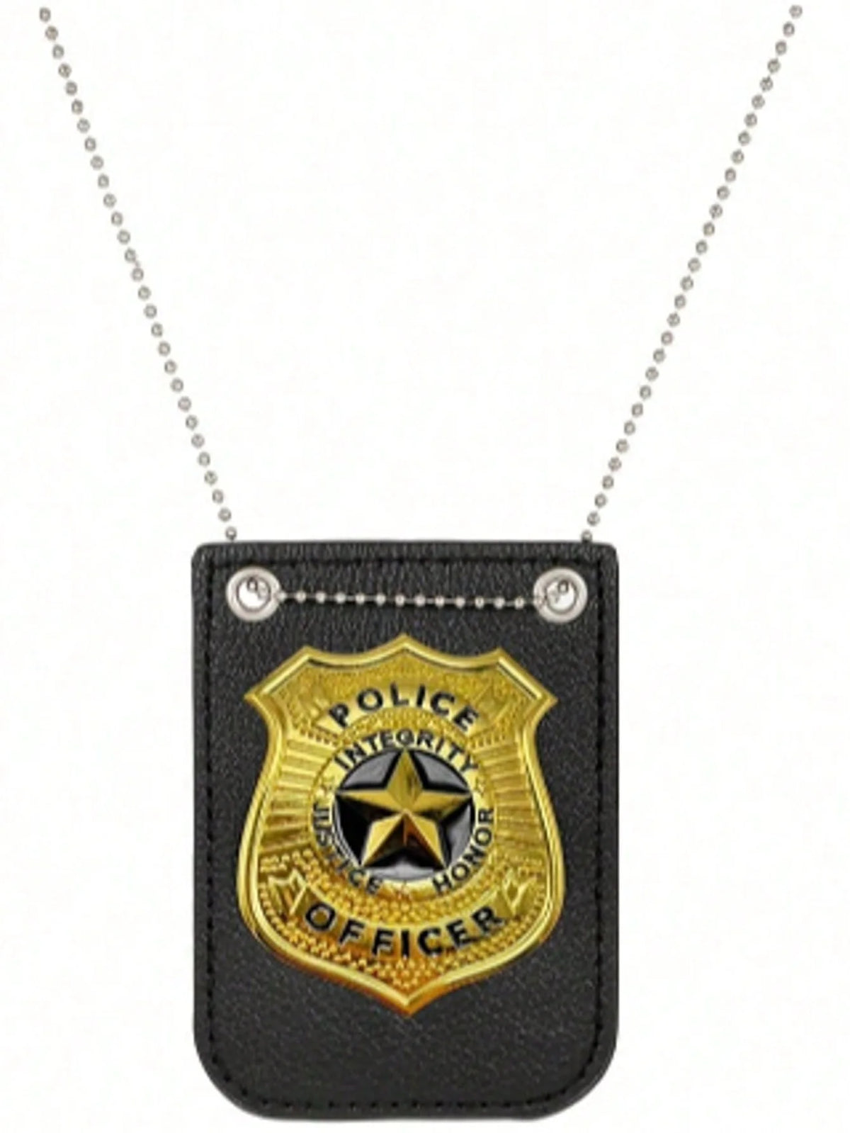 Collar con colgante negro de placa de oficial de policía dorada con diseño de estrella.