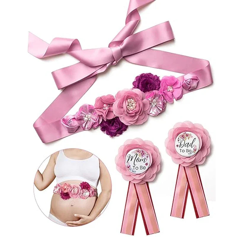 Pink floral maternity sash and corsage pin set with ribbon for baby shower