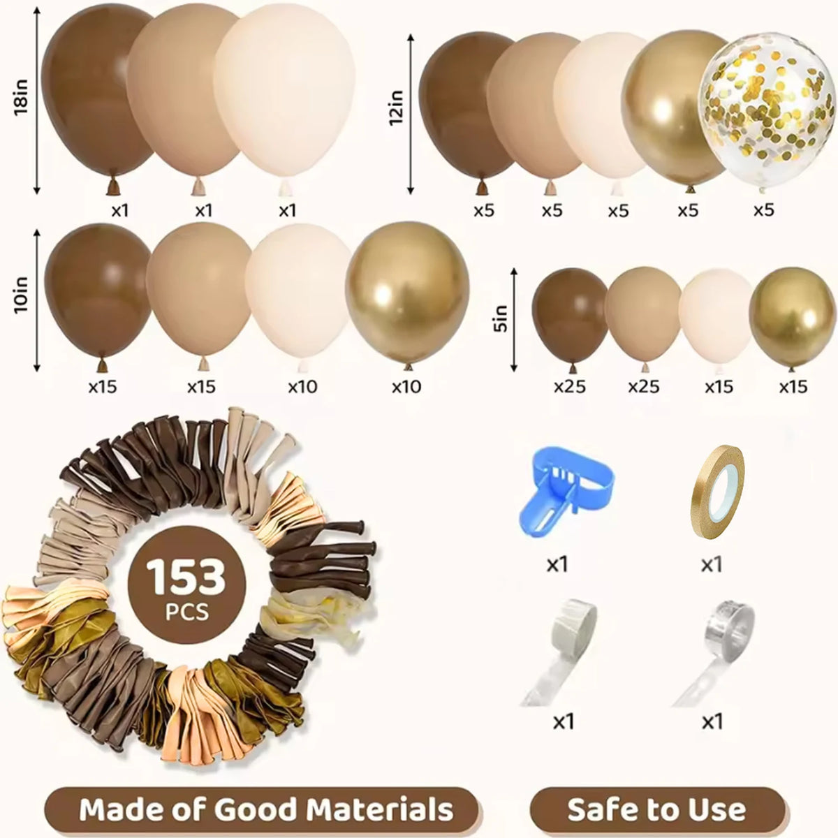 153-Piece Brown & Gold Balloon Garland Arch Kit