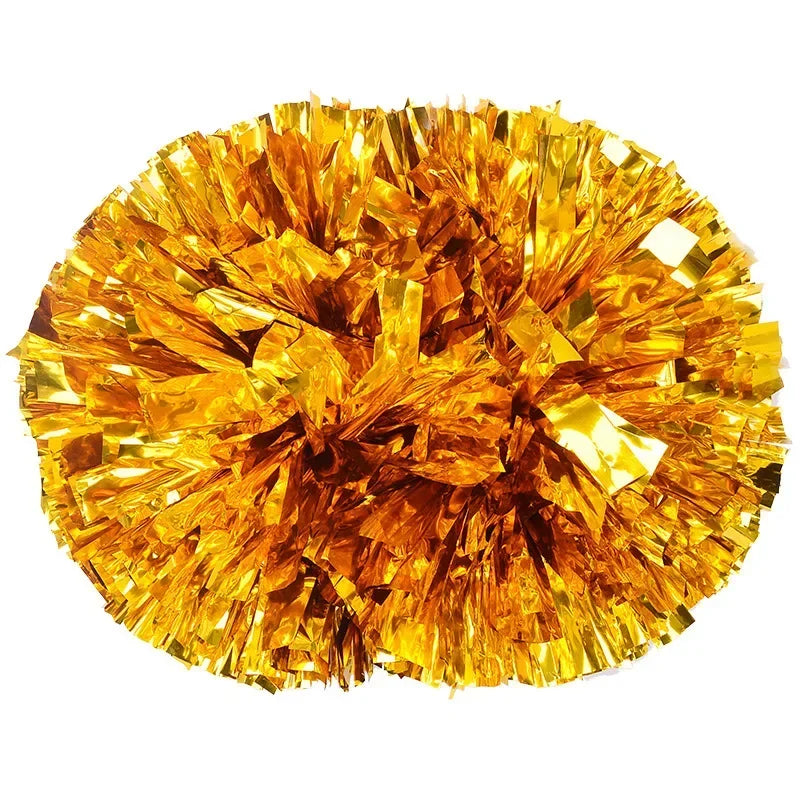 A sphere of bright gold foil pom poms with a comfortable handle.
