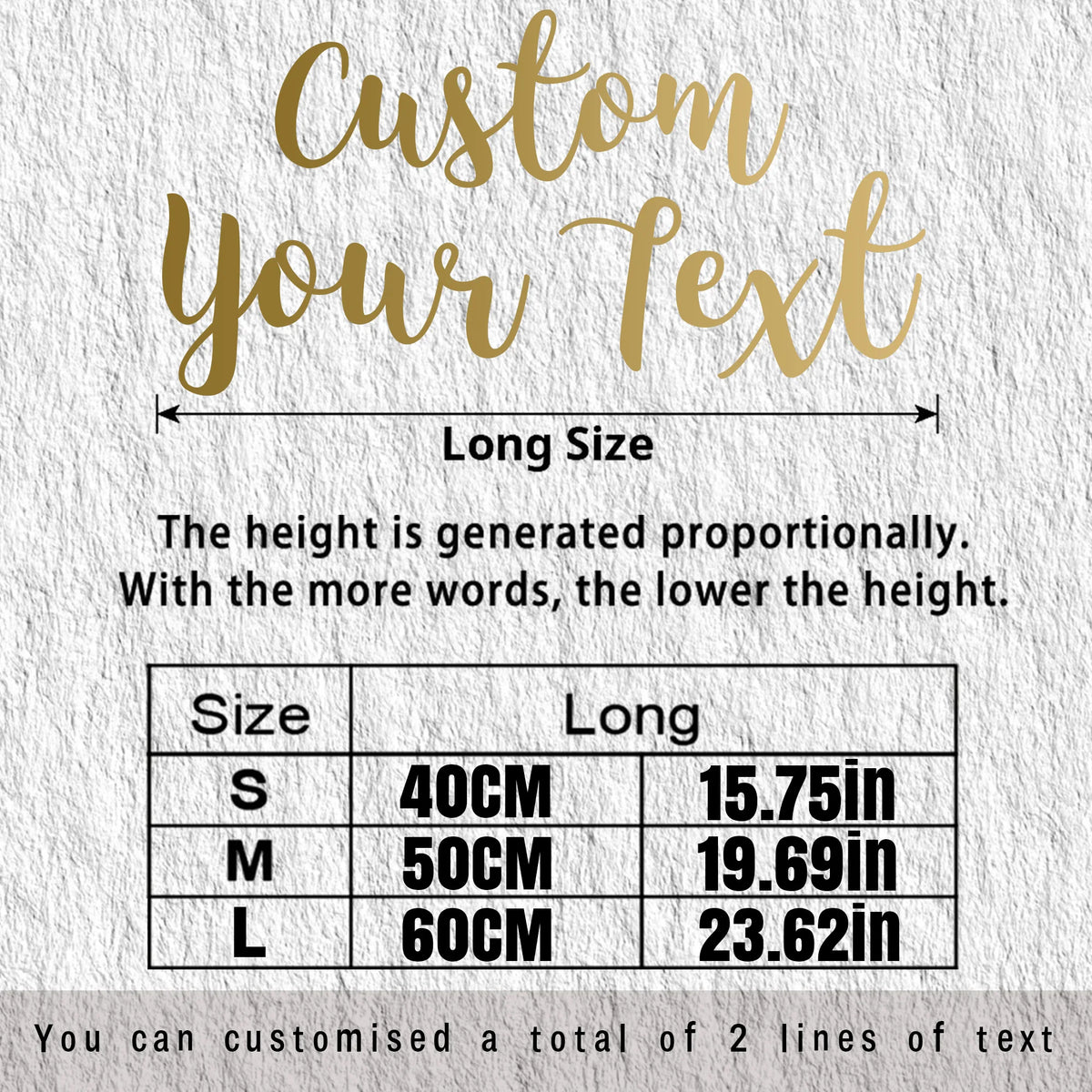 A graphic showing size options for custom text, including S, M, and L sizes with corresponding height measurements in centime