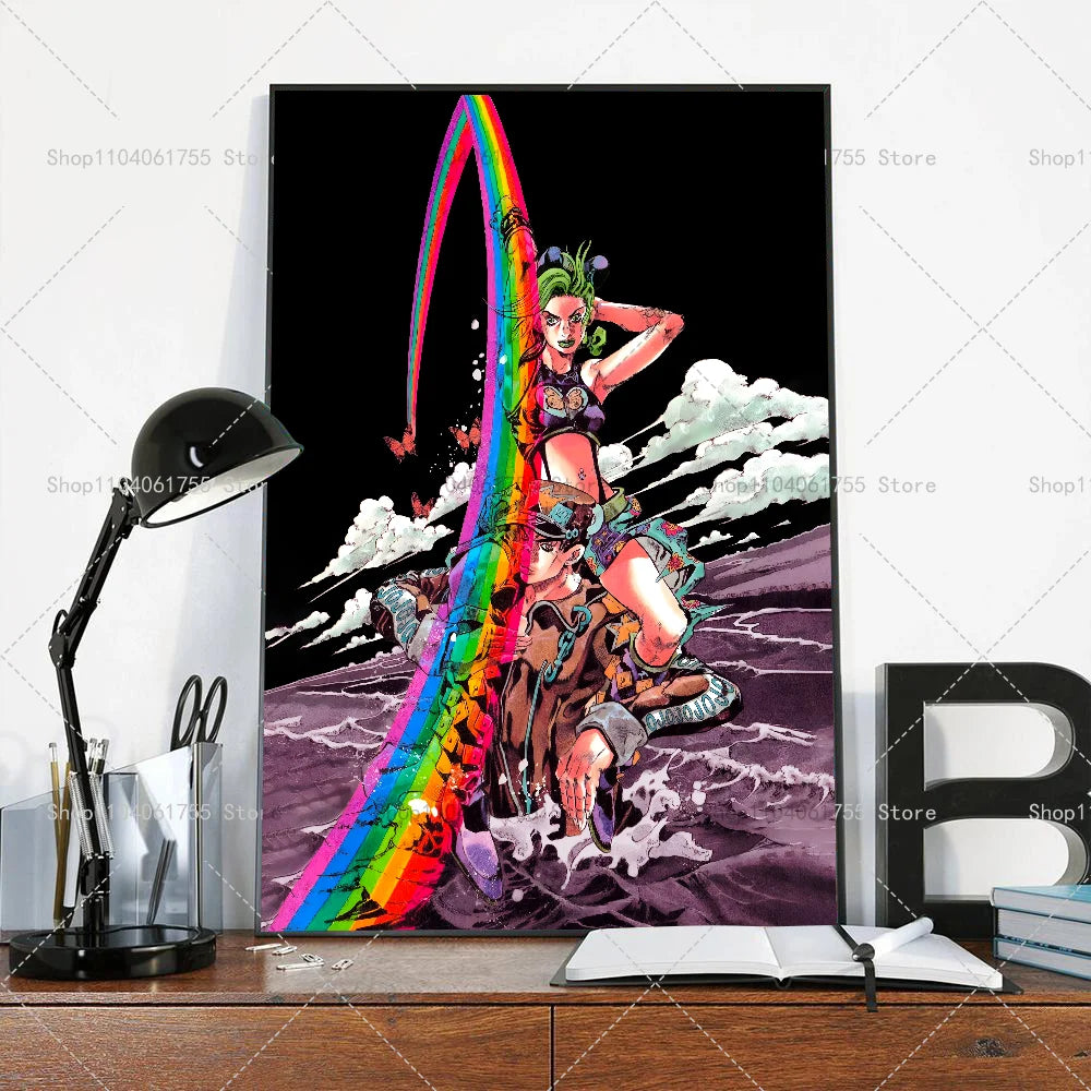 Anime poster featuring a character with a rainbow-colored hair and clothing against a dark background