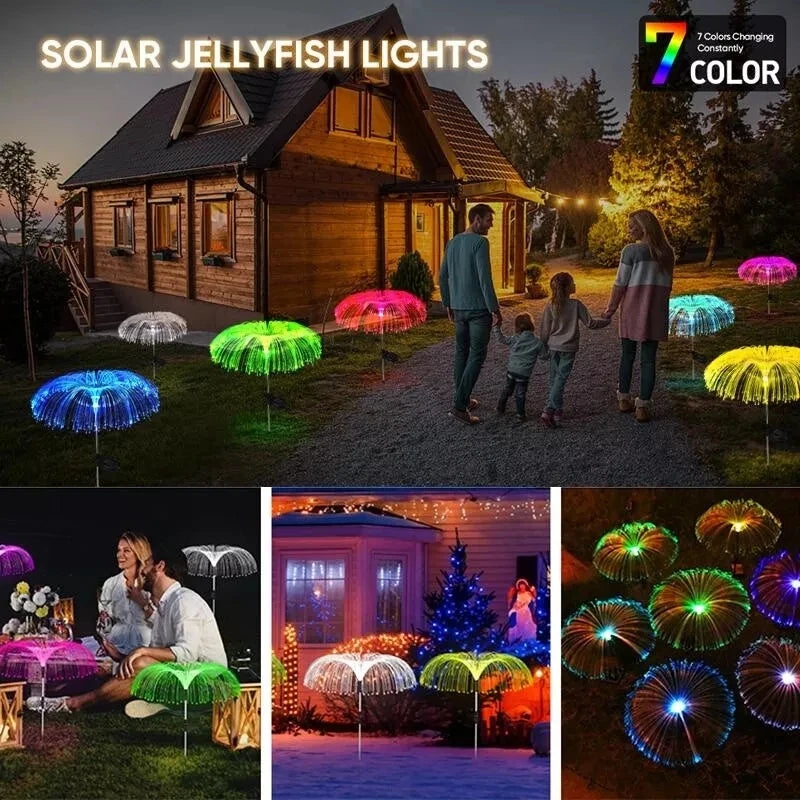 Solar jellyfish lights illuminating a wooden house and garden with colorful glowing spheres.