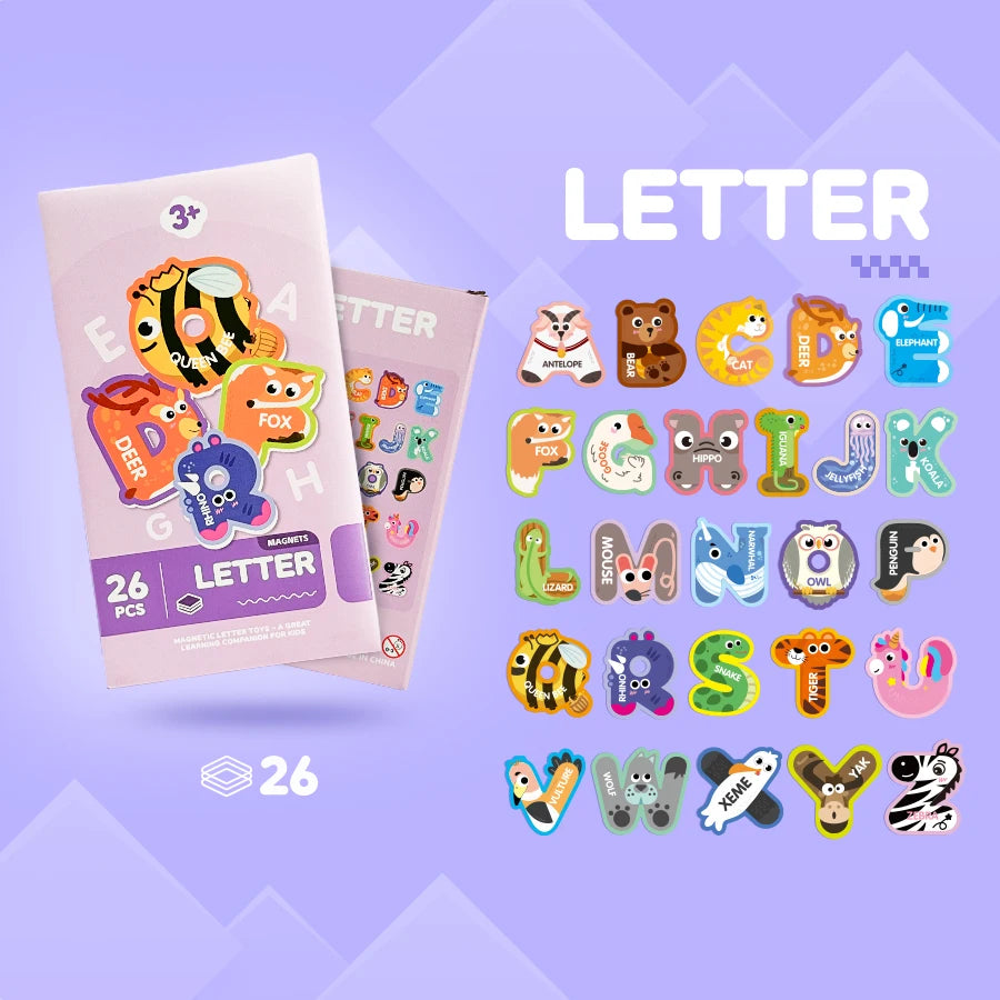 A set of 26 magnetic letter alphabet pieces for learning, displayed on a purple background.