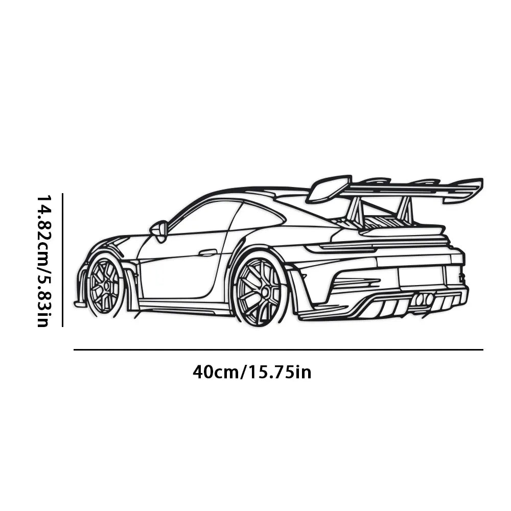A black sports car metal wall art featuring a sleek, modern design.