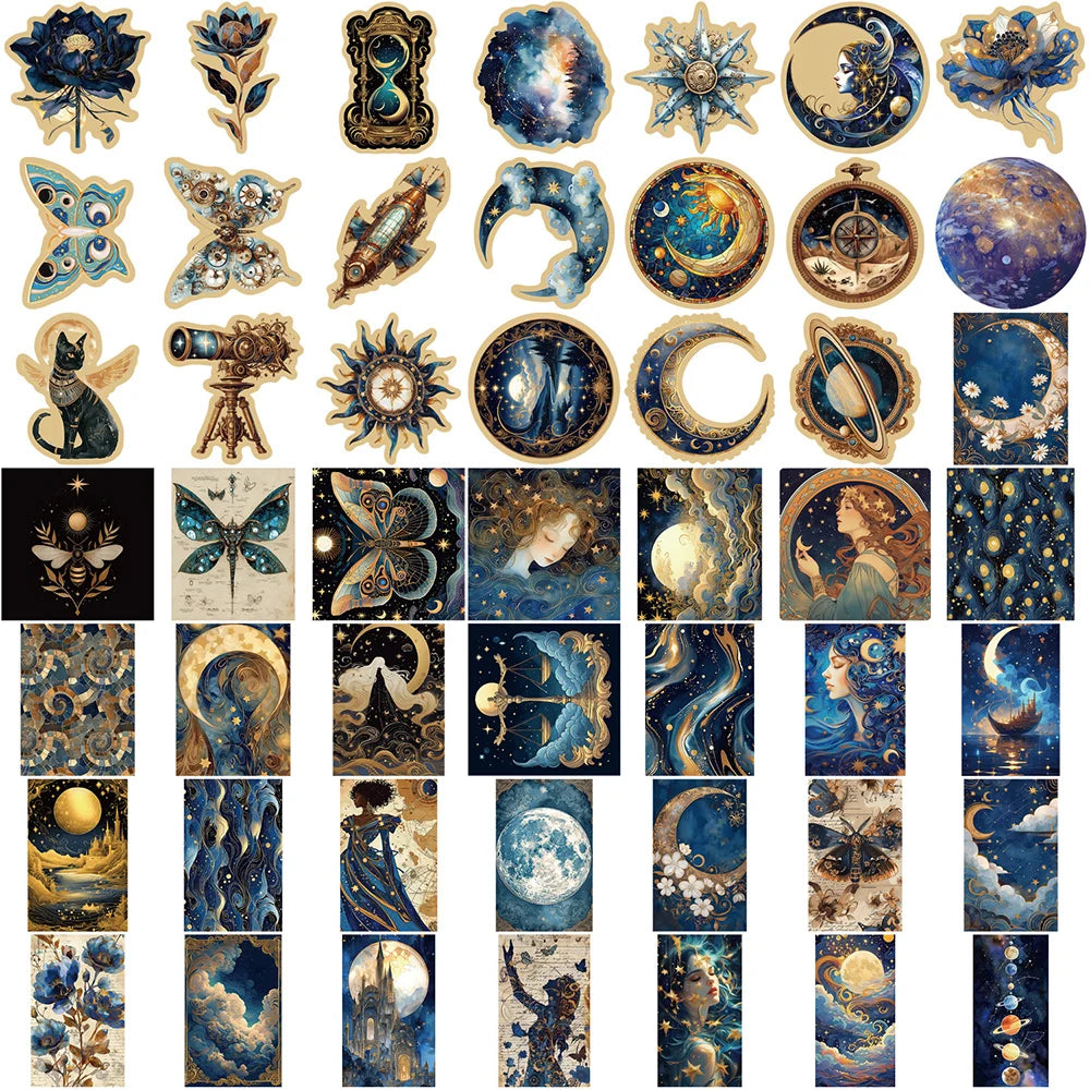 A collection of 50 retro space and planet stickers featuring various celestial bodies, galaxies, and cosmic scenes.