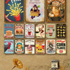 A collection of vintage-style wall art plaques featuring food and drink items like fries, pies, burgers, and seasonal themes.