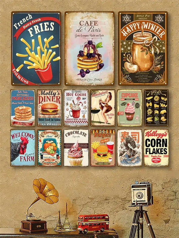 A collection of vintage-style wall art plaques featuring food and drink items like fries, pies, burgers, and seasonal themes.