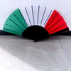 Handheld folding fan featuring the colors of the Italian flag, green white and red.