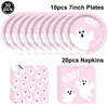 A set of 10 pink 7-inch plates and 20 napkins featuring white ghost designs for a Halloween party.
