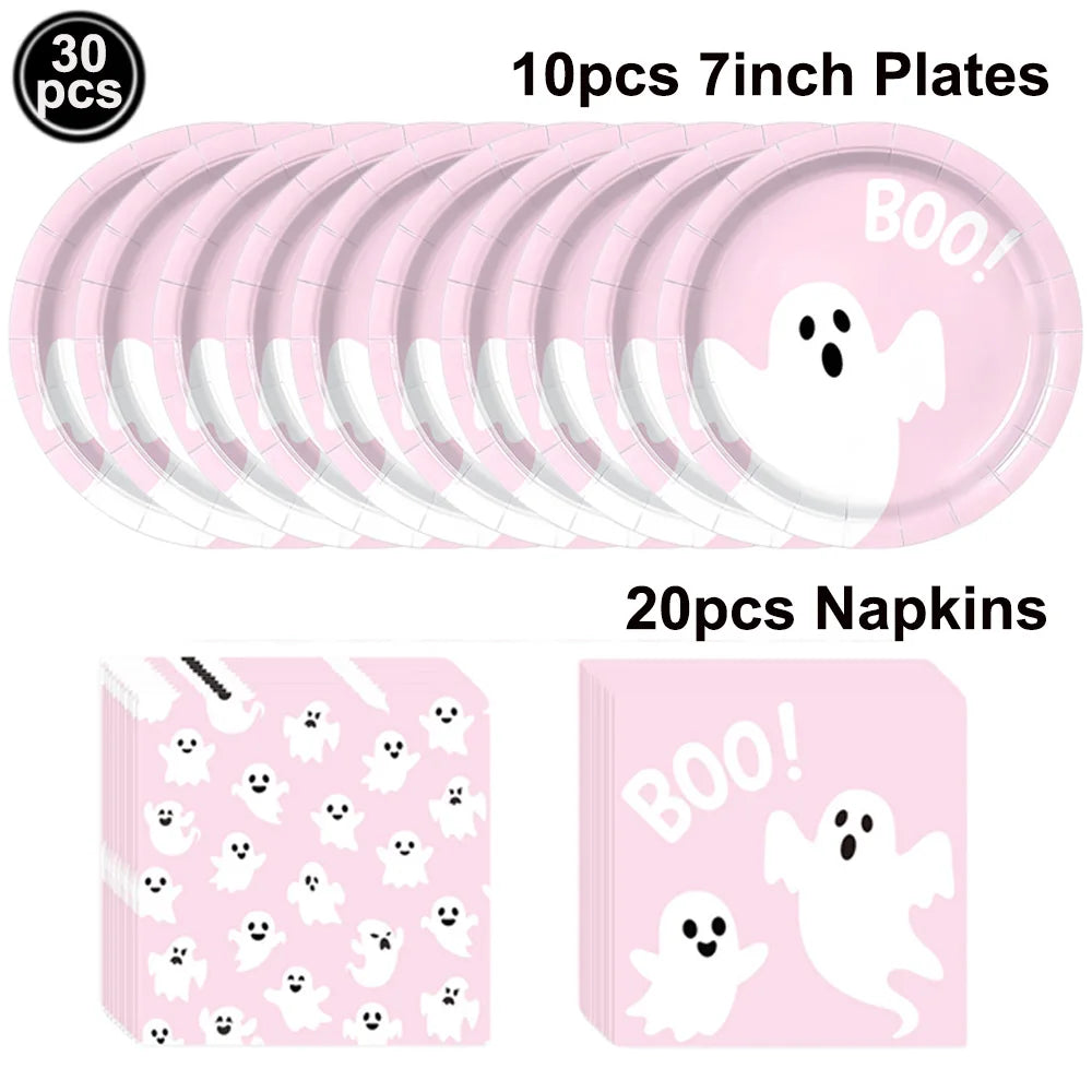 A set of 10 pink 7-inch plates and 20 napkins featuring white ghost designs for a Halloween party.