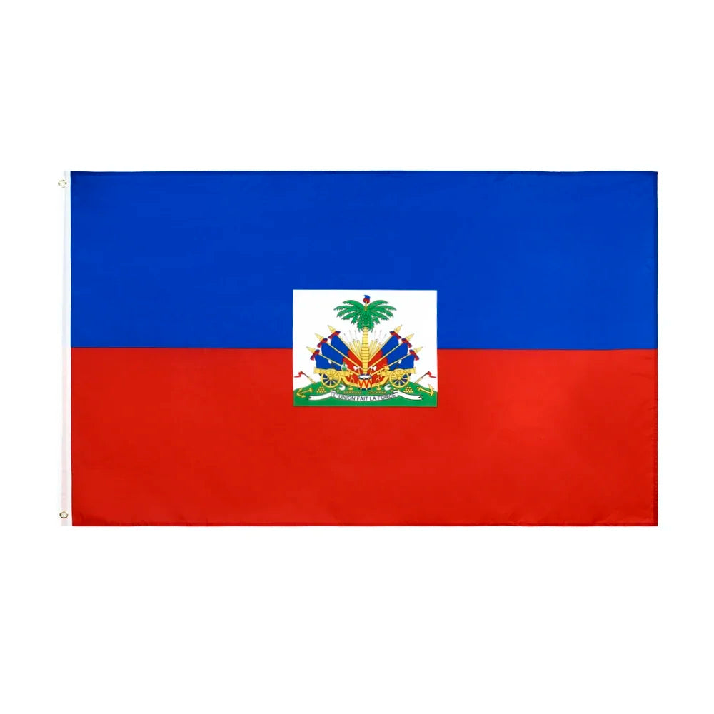A rectangular flag of Haiti featuring the national colors blue and red with the coat of arms in the center.