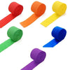 Six rolls of pastel crepe paper streamers in red, orange, yellow, green, and blue colors displayed on a white background.