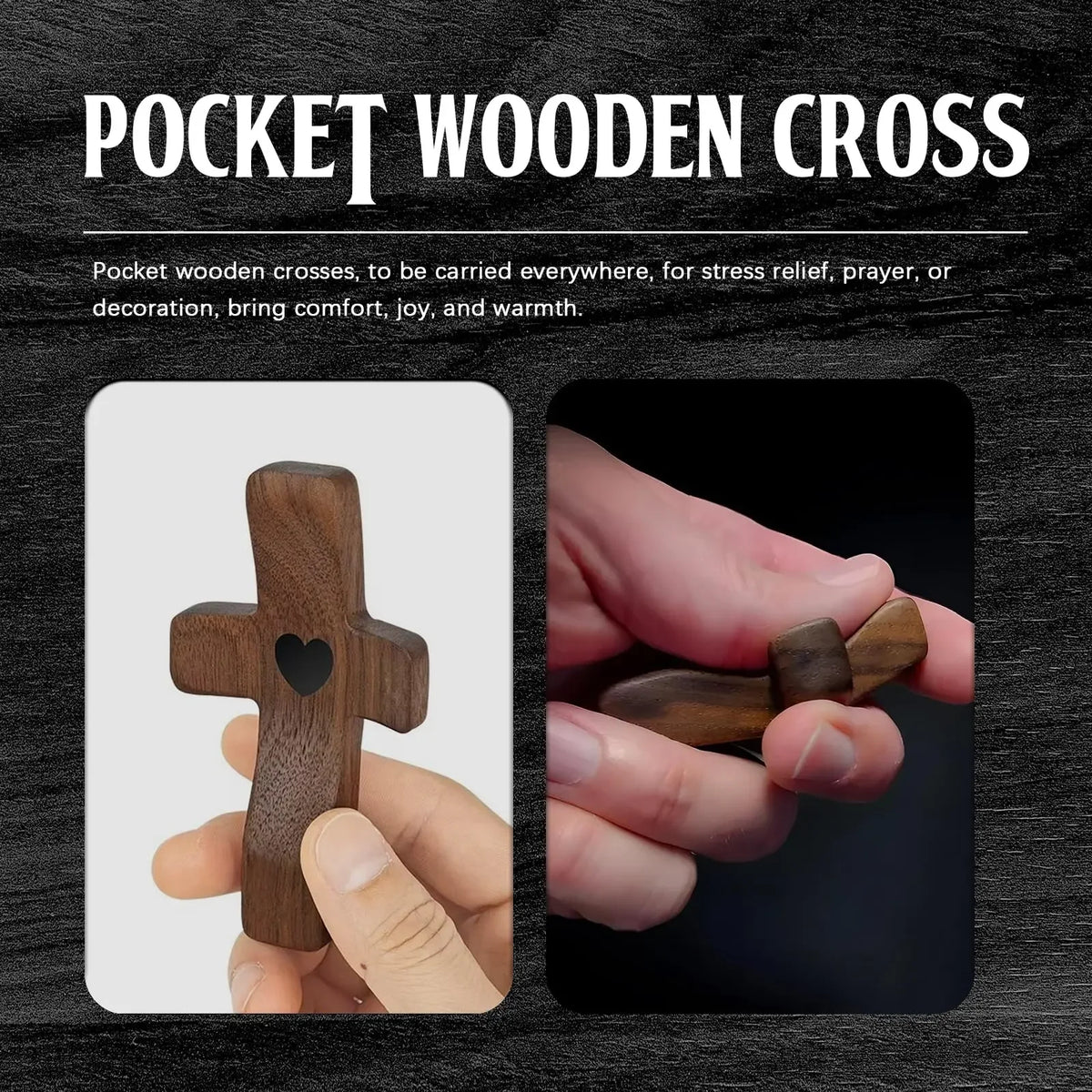 Handcrafted Wooden Pocket Cross with Heart Motif for Prayer and Stress Relief