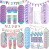 A set of purple and iridescent mermaid party tableware including plates, cups, and napkins.
