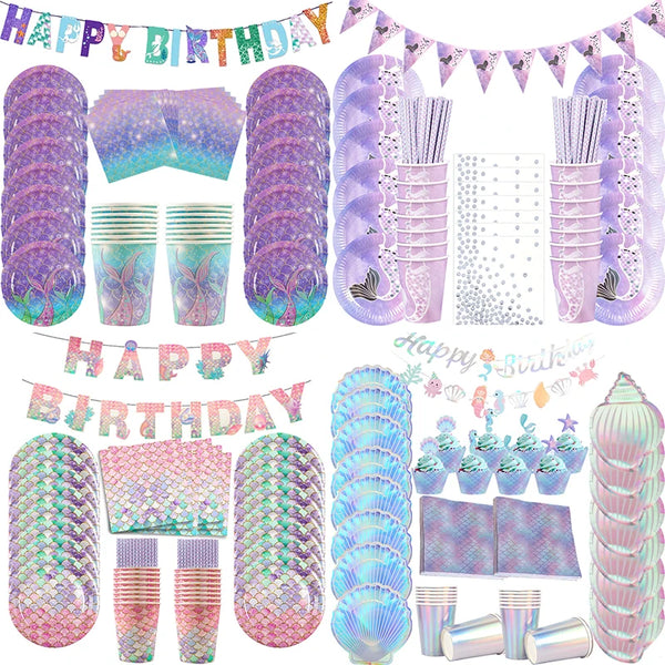 A set of purple and iridescent mermaid party tableware including plates, cups, and napkins.