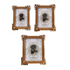 Three ornate gold-framed resin photo frames featuring vintage European designs and black silhouette portraits on white backgr