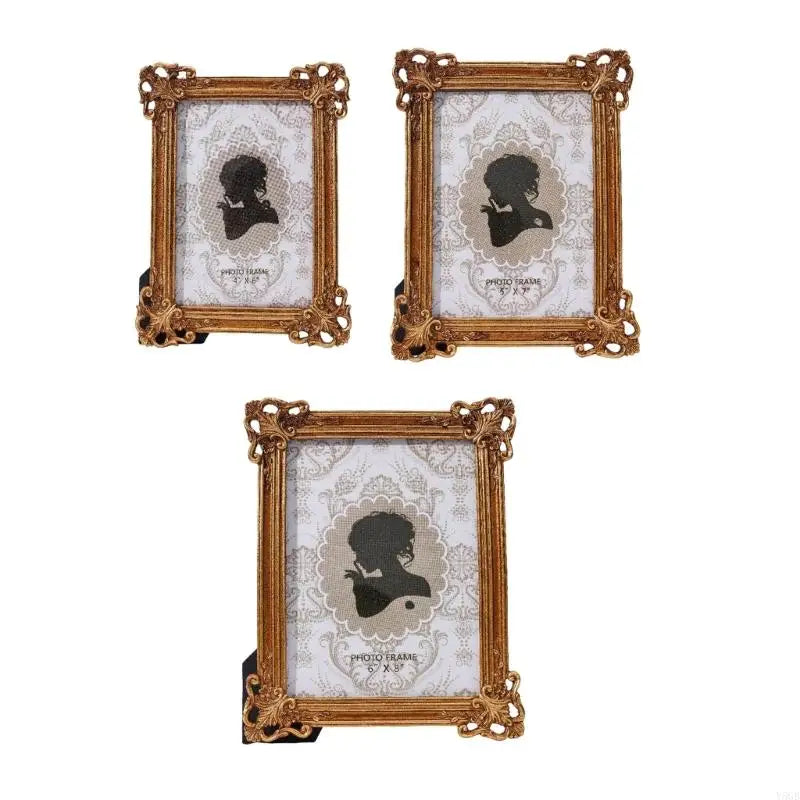 Three ornate gold-framed resin photo frames featuring vintage European designs and black silhouette portraits on white backgr