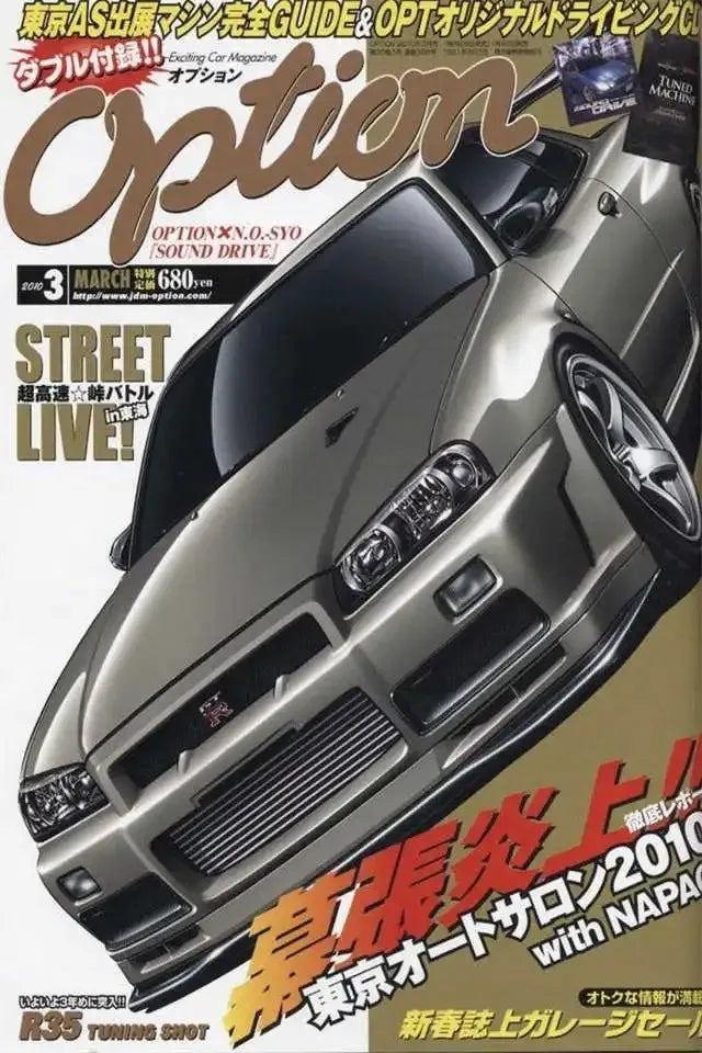 A close-up photo of a silver sports car, likely a Nissan Skyline, featured on a magazine cover titled Option.