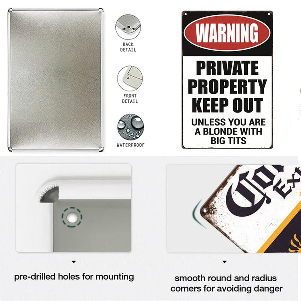 A vintage metal warning sign plaque with a red border and black text that reads WARNING PRIVATE PROPERTY KEEP OUT UNLESS YOU 