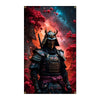 A dramatic illustration of a Japanese samurai warrior in dark armor with a helmet and flowing robes against a vibrant, fiery 