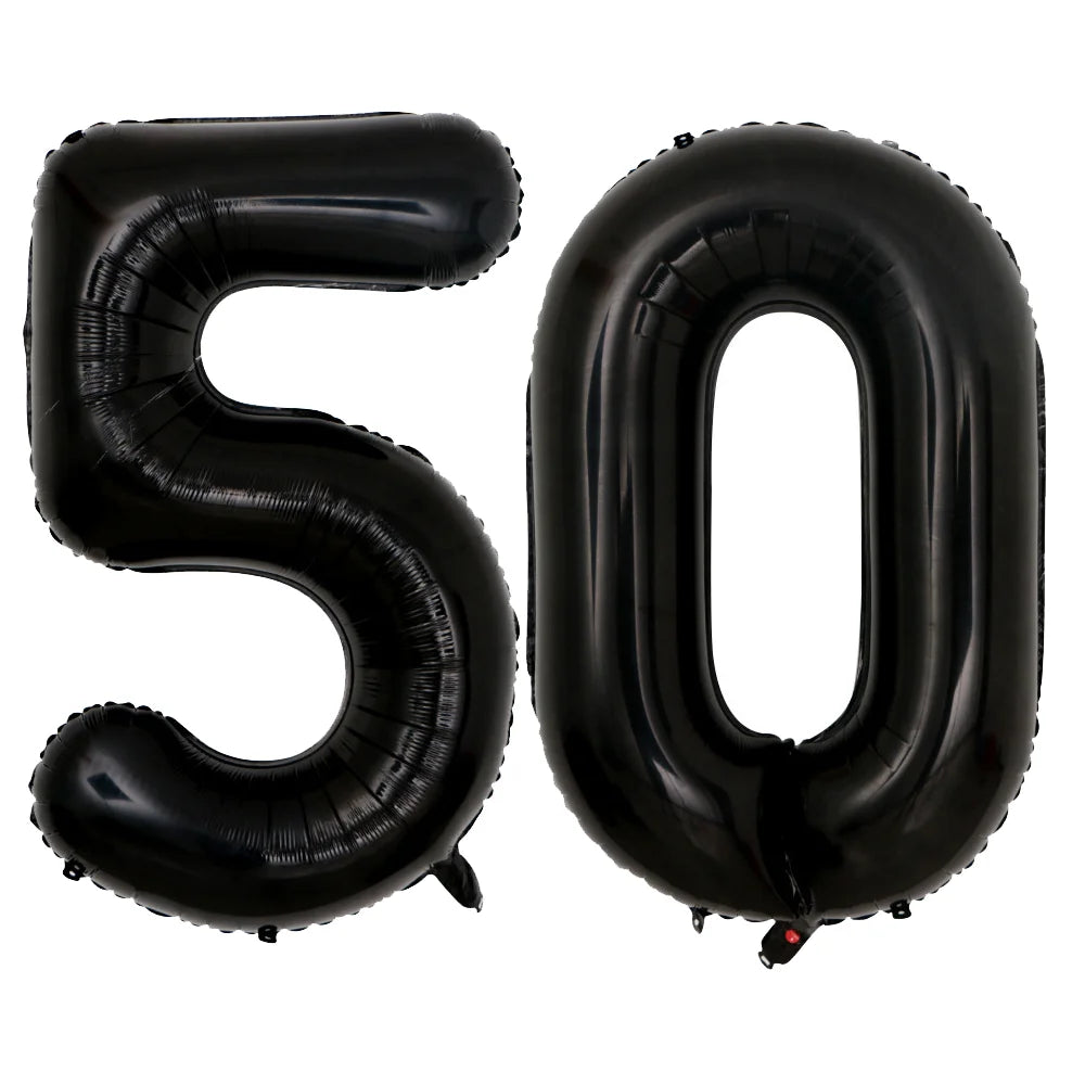 A set of two giant black foil balloons shaped like the number 50
