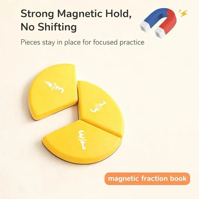 Yellow magnetic fraction board pieces demonstrating a strong magnetic hold for focused practice.
