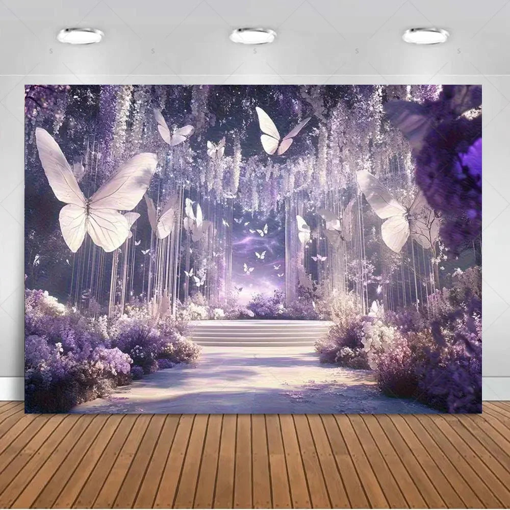 A vertical photo backdrop featuring a magical forest scene with purple lighting and numerous white butterflies flying over a 