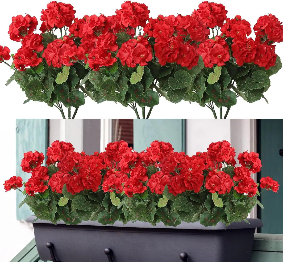 A close-up of vibrant red silk begonia artificial flowers in a green pot.