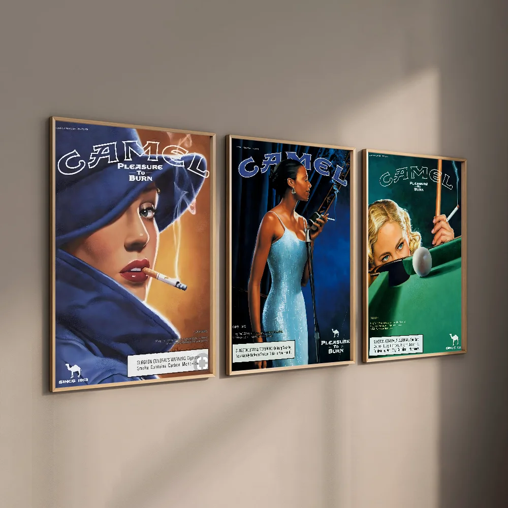 Three vintage retro posters featuring the Camel cigarette brand with stylized female portraits.