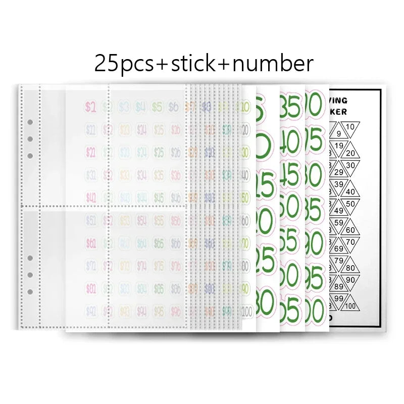 Un juego de 25 hojas de desafío para presupuesto con pegatinas y números para llevar el control de gastos.