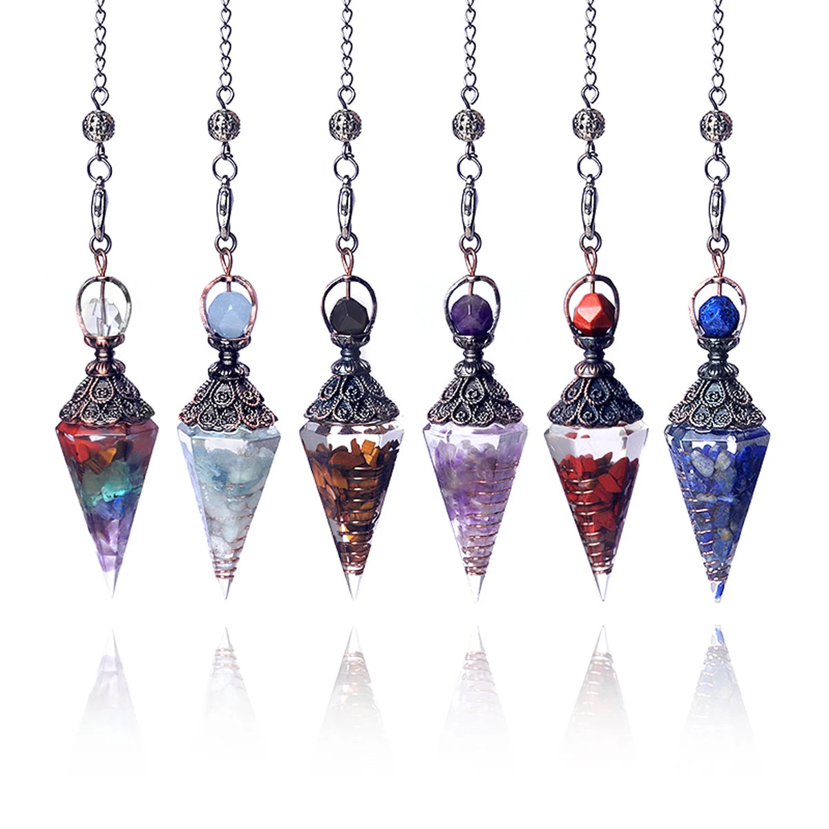 A set of five natural crystal teardrop pendants hanging from chains, featuring various colors like blue, purple, and red.