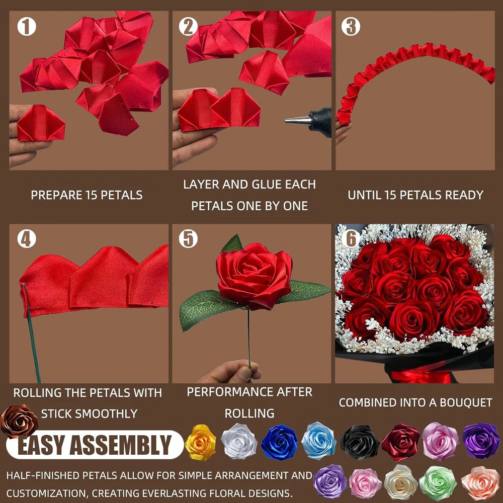 Instructions for layering and gluing 15 rose petals to create an everlasting floral design.
