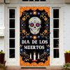 A Dia de los Muertos sugar skull door cover featuring a vibrant orange and black papel picado design.