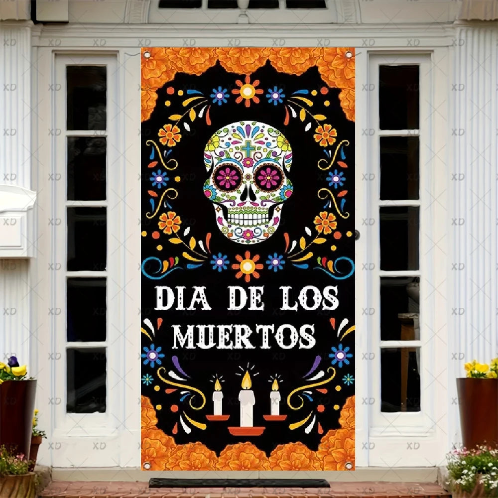 A Dia de los Muertos sugar skull door cover featuring a vibrant orange and black papel picado design.
