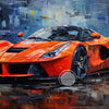 An oil painting of a bright orange sports car with a dark gray background and reflective surface.
